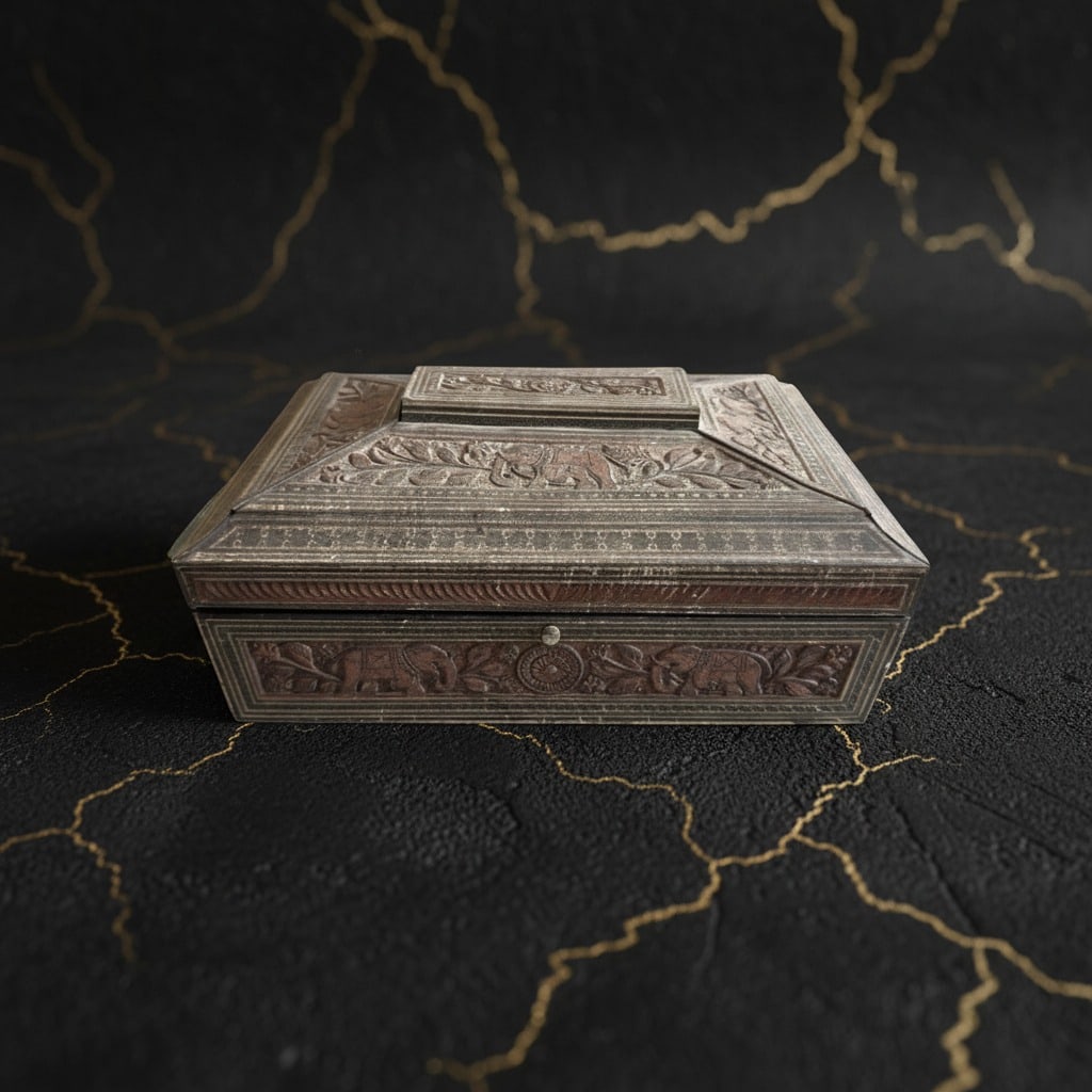 Vintage 1920s Sandalwood Style Biscuit Tin, Decorative Metal Storage Box - 3