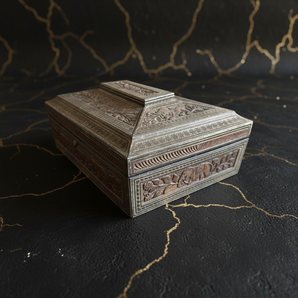 Vintage 1920s Sandalwood Style Biscuit Tin, Decorative Metal Storage Box - 4