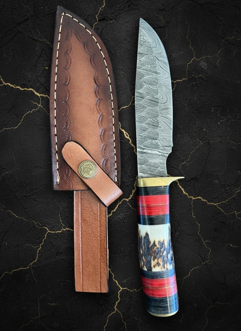 Hand-Forged Damascus Steel Hunting Knife Stag Antler Handle w/ Leather Case - 3