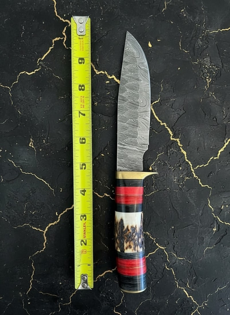 Hand-Forged Damascus Steel Hunting Knife Stag Antler Handle w/ Leather Case - 4
