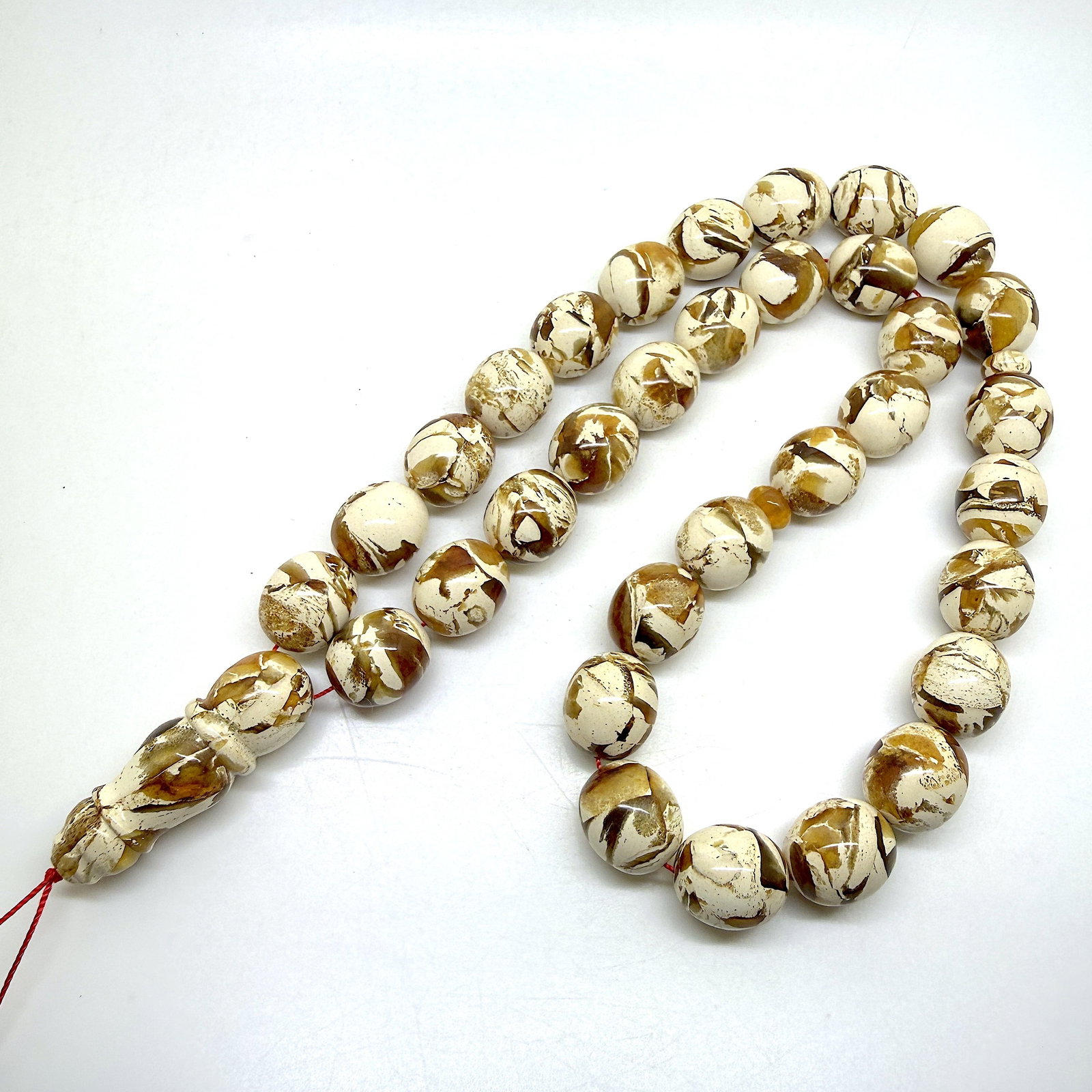 Grand Amber Tesbih made from Round Amber beads with White Pattern - 5