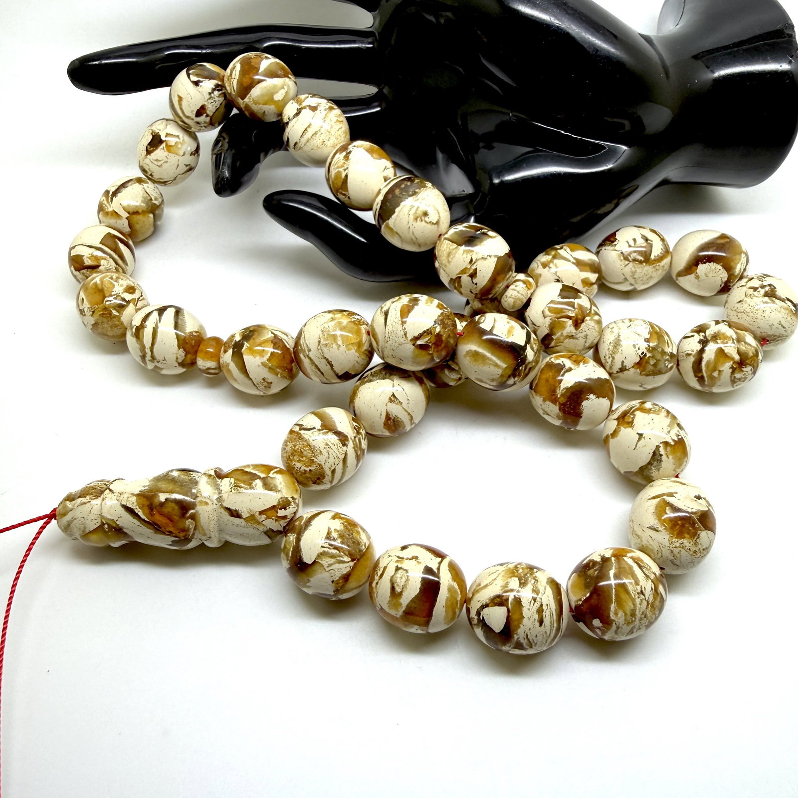 Grand Amber Tesbih made from Round Amber beads with White Pattern - 6
