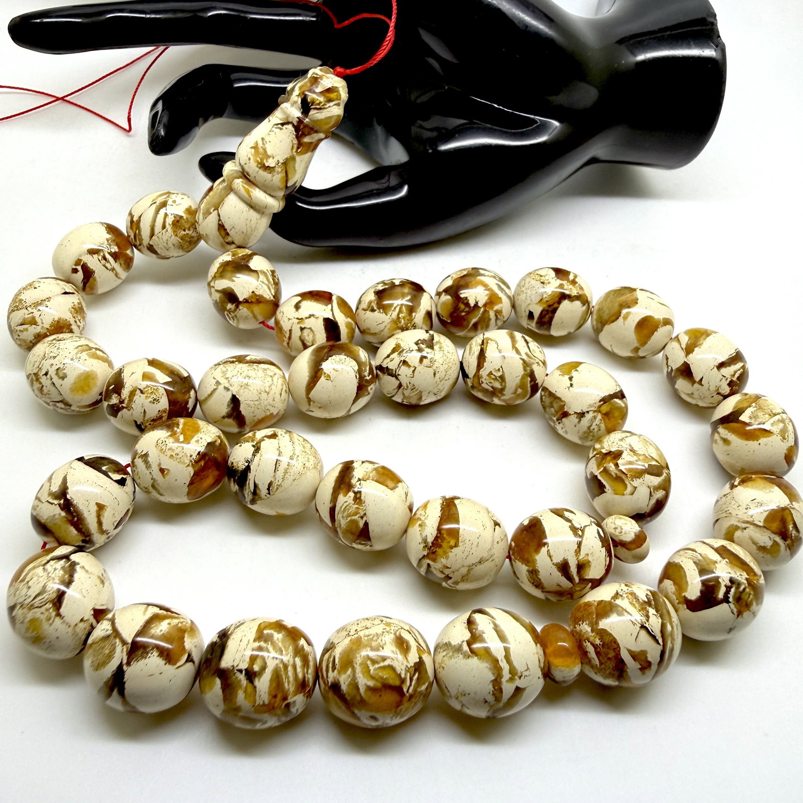 Grand Amber Tesbih made from Round Amber beads with White Pattern - 7