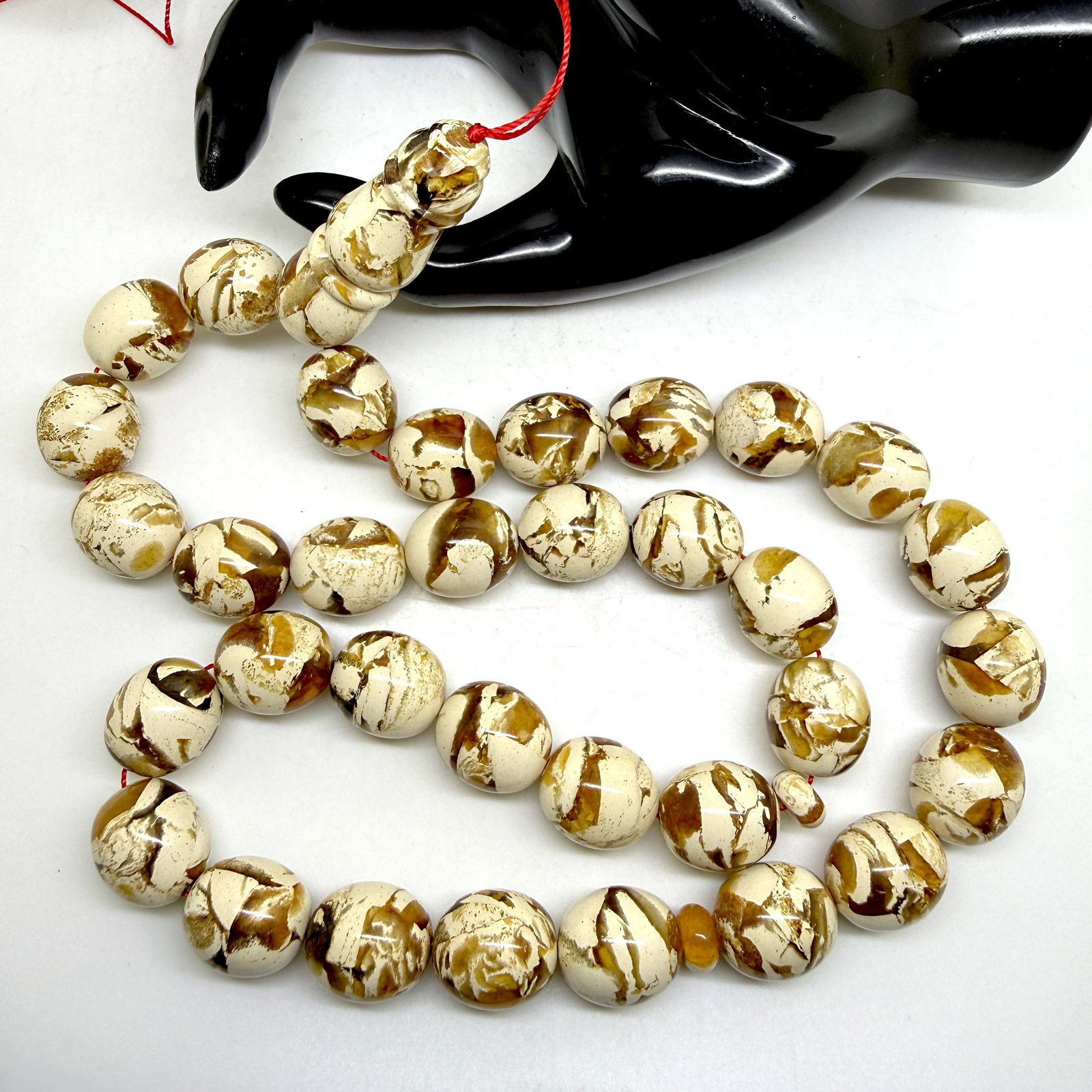 Grand Amber Tesbih made from Round Amber beads with White Pattern - 8
