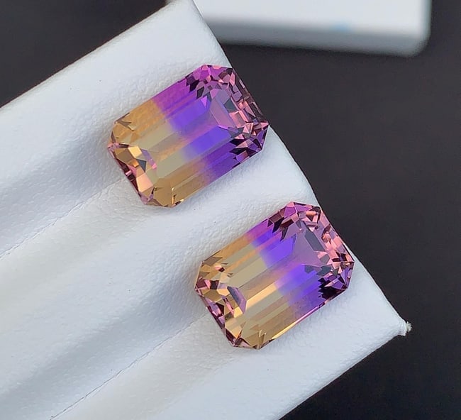 Emerald Cut Bolivian Ametrine Gemstone Pair: 11.90 CT, Royal Purple/Mango Yellow - 4