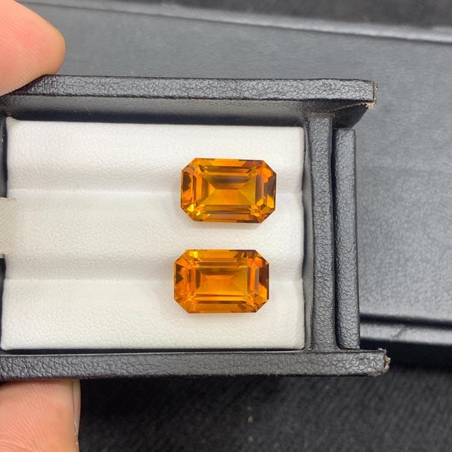 Emerald Cut Citrine Gemstone Pair: Brownish Orange, 12.55 Carat - 2
