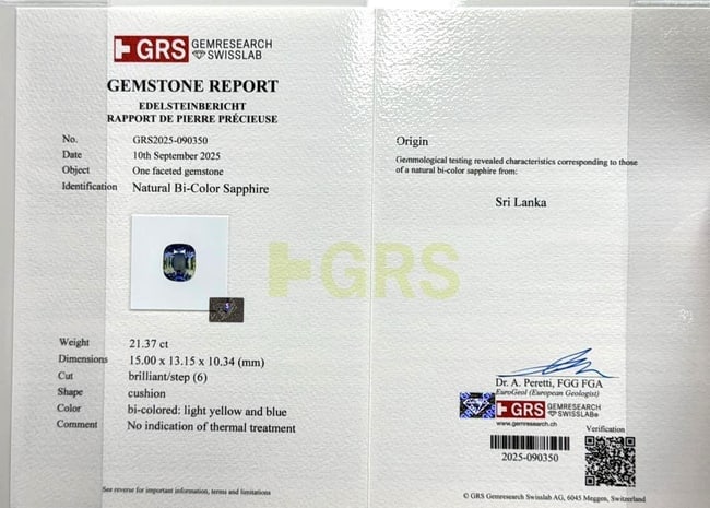 GRS Certified Faceted Bi Color Sapphire: 21.37 Carat Cushion Cut Gemstone: Highlights Supplies for making crafts Materials: Gemstone: Sapphire GRS Certified Faceted Bi Color Sapphire: 21.37 Carat Cushion Cut Gemstone Weight: 21.37 carat Dimensions: 15.000 * 13.150 * 10.340 M