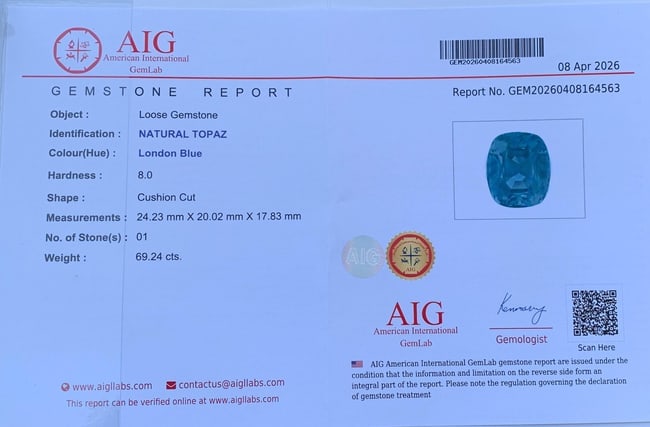 Certified Natural London Blue Topaz Gemstone, 69.24 Ct Cushion Cut Collector Stone - 3