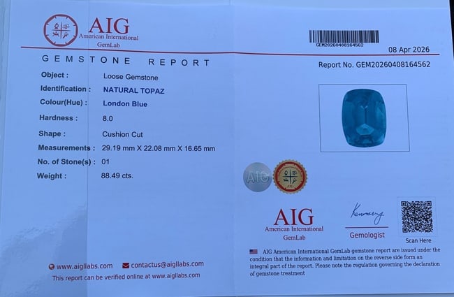 Certified Natural London Blue Topaz Gemstone: 88.49 Ct Cushion Cut Brazil Collector Stone: Highlights Supplies for making crafts Materials: Gemstone: Topaz Carat weight: 88.49 Presenting an extraordinary Certified Natural London Blue Topaz gemstone weighing an impressive 88.49 carats,