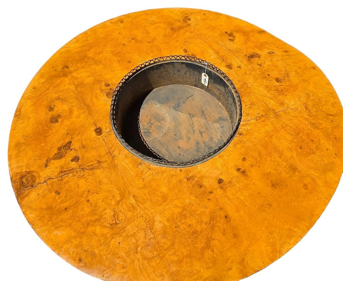 Mid-Century Burlwood Center Table with Planter Insert: A striking Mid-Century Modern circular center table featuring a beautiful burlwood veneer top and a central, removable planter insert. The table stands on a tripartite base with saber legs, detailed