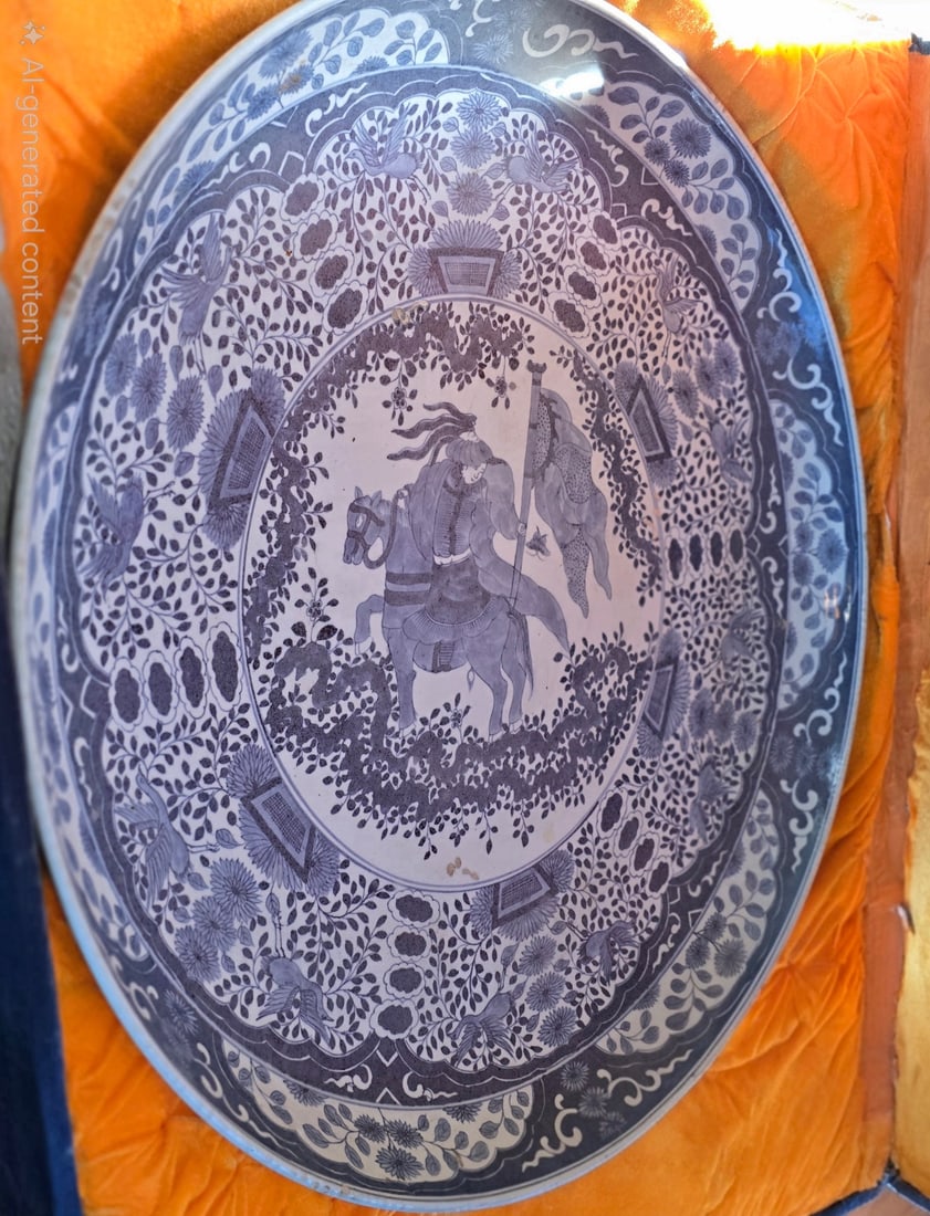 Large Blue and White Porcelain Charger with Equestrian Scene - 2