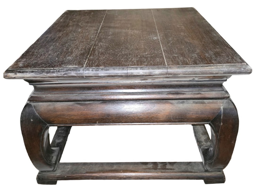 Asian-Style Hardwood Display Pedestal or Low Table: This Asian-style hardwood display pedestal or low table features a rectangular top and elegant curved legs. The dark wood has a rich patina with visible grain, suggesting a tropical hardwood such as