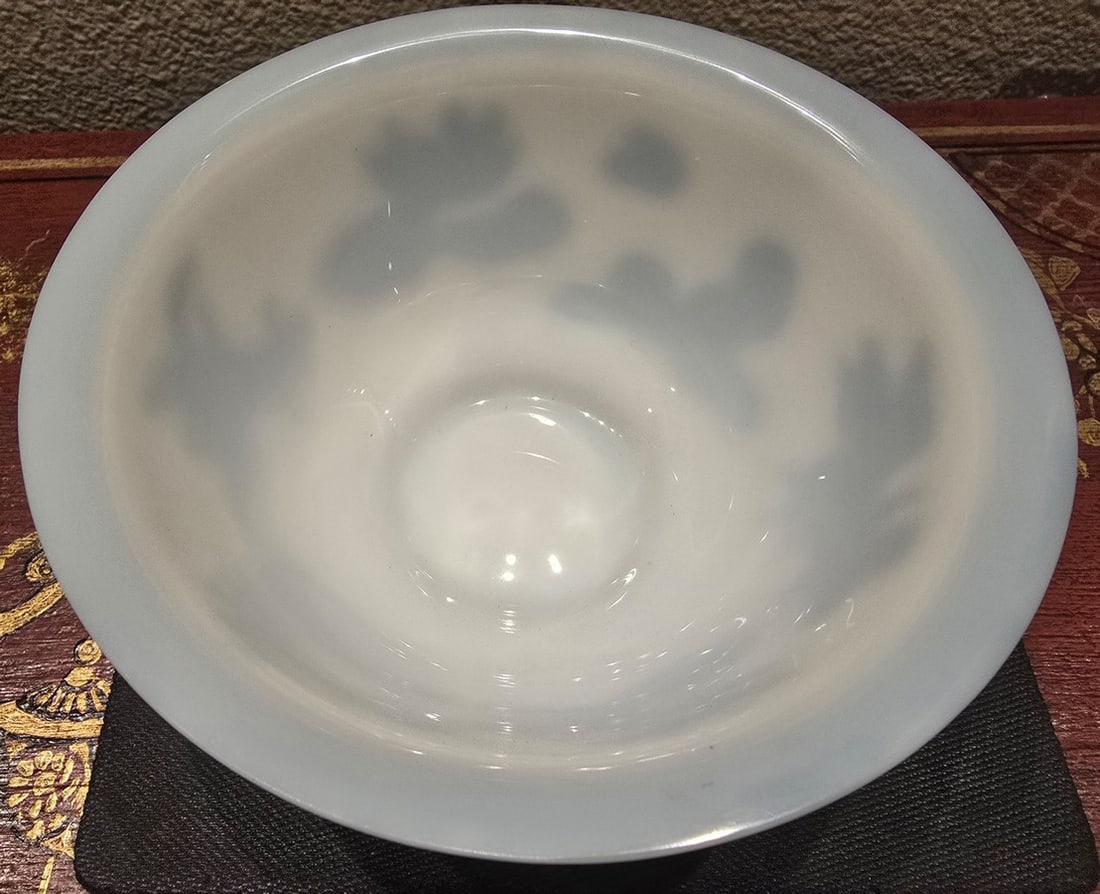 Vintage Milk Glass Bowl with Green Applied Decoration - 2