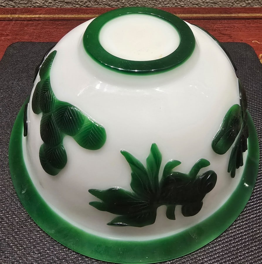 Vintage Milk Glass Bowl with Green Applied Decoration - 3
