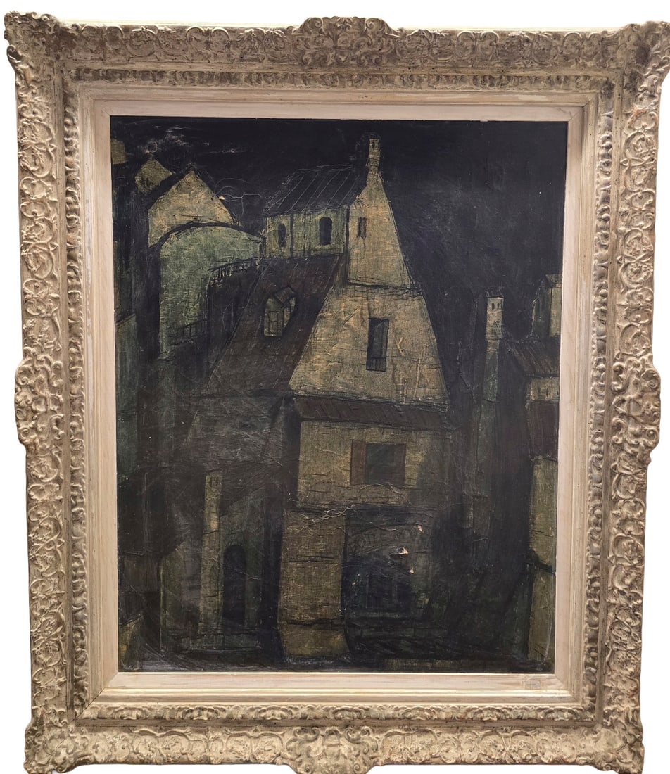 Continental School, Early 20th Century, Houses in a Town, Oil on Board: An early 20th-century oil on board painting from the Continental School, depicting a collection of houses in a town with a dark, moody atmosphere. The artwork is presented in an ornate, distressed