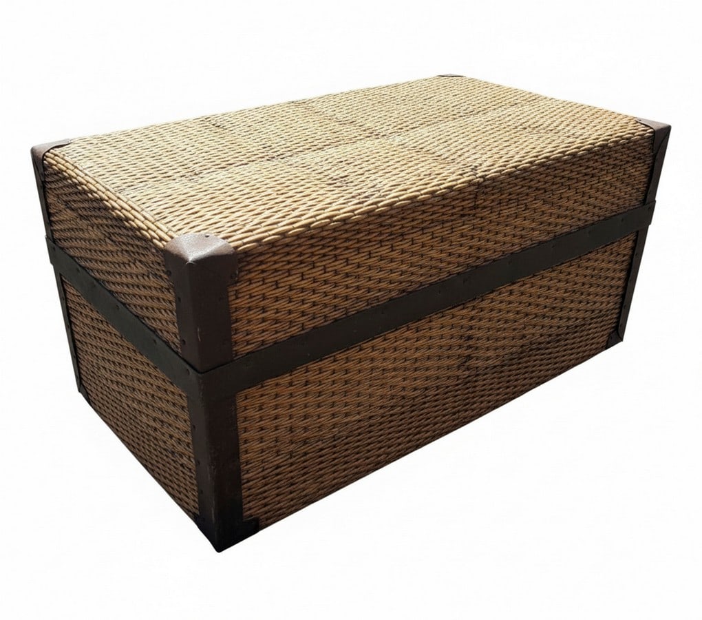 Vintage Woven Wicker and Metal-Bound Trunk: A vintage trunk featuring woven wicker construction with dark metal strapping and corner reinforcements. The trunk has a front latch and side handles. The wicker shows some discoloration and wear cons