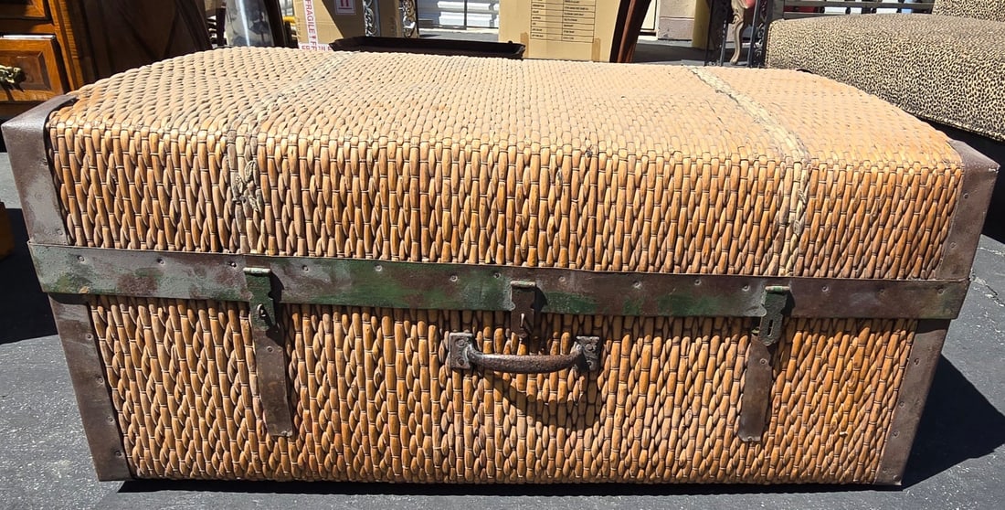Vintage Woven Wicker and Metal-Bound Trunk - 2