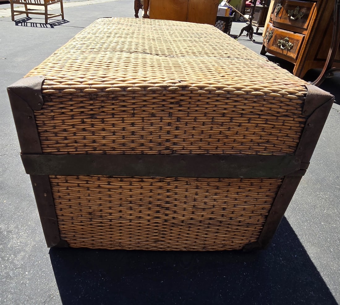 Vintage Woven Wicker and Metal-Bound Trunk - 3