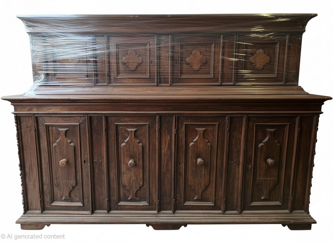 Vintage Carved Wood Sideboard / Console Table: A vintage carved wood sideboard or console table, likely from the mid-20th century, featuring ornate carved details on the doors and a rich, dark wood finish. The piece shows signs of age, consistent