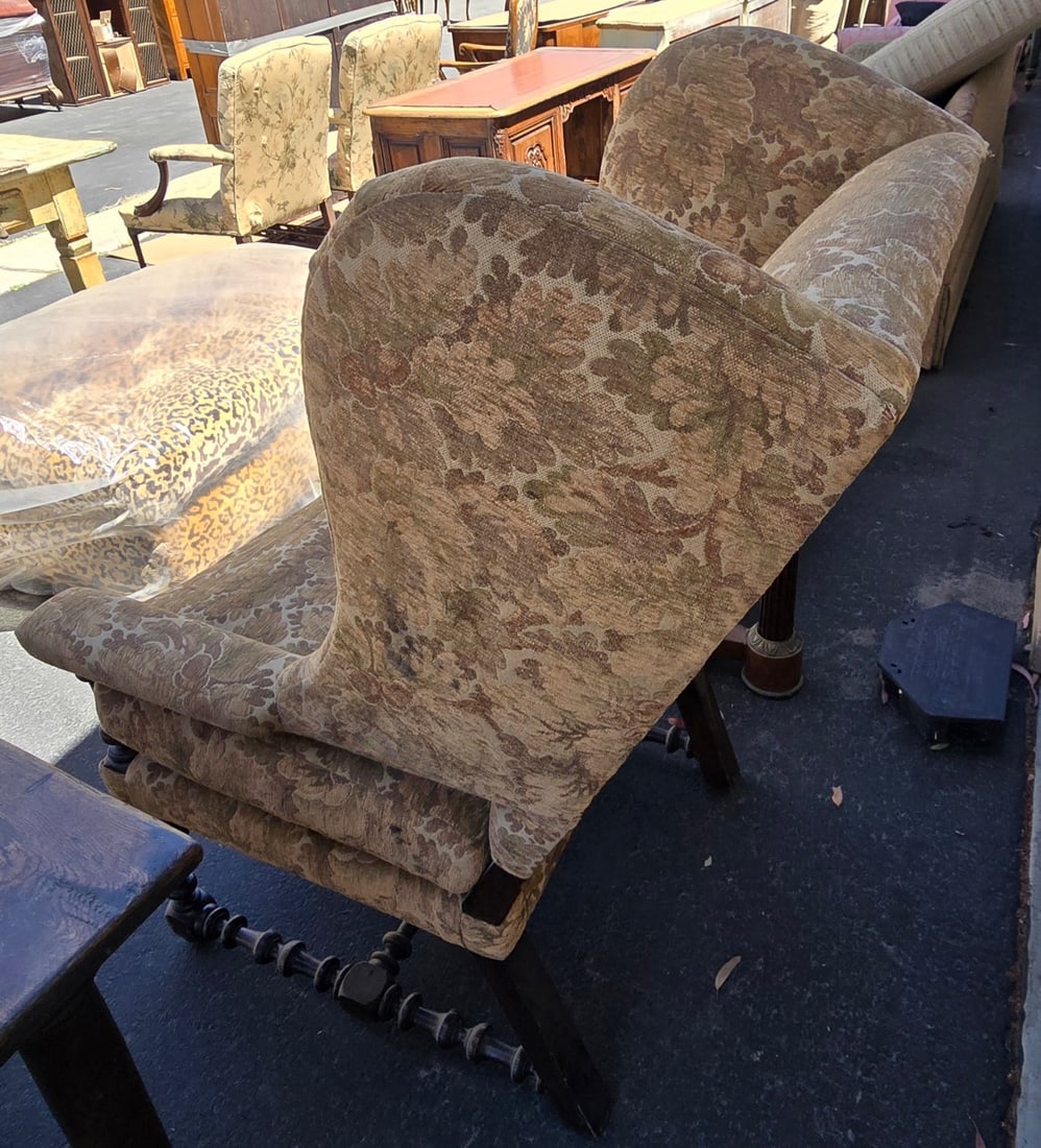 Vintage Upholstered Wingback Armchair with Carved Wood Frame - 2