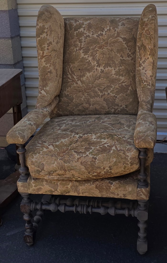 Vintage Upholstered Wingback Armchair with Carved Wood Frame - 3