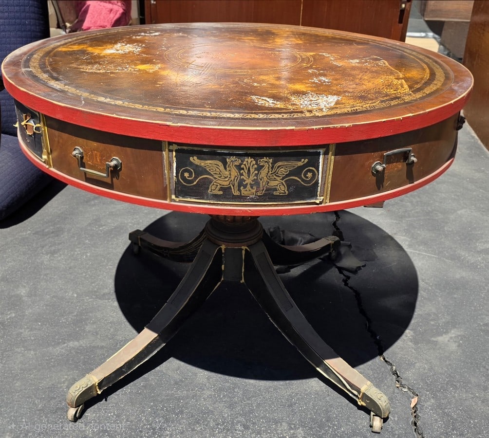 Regency Style Gilt-Tooled Leather Top Drum Table - 2