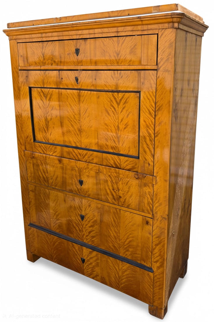 Biedermeier Bird's Eye Maple Secretaire: A sophisticated Biedermeier secretaire, crafted from bird's eye maple with ebonized accents. The secretaire features a rectangular top with a molded cornice over a frieze drawer. Below this is a