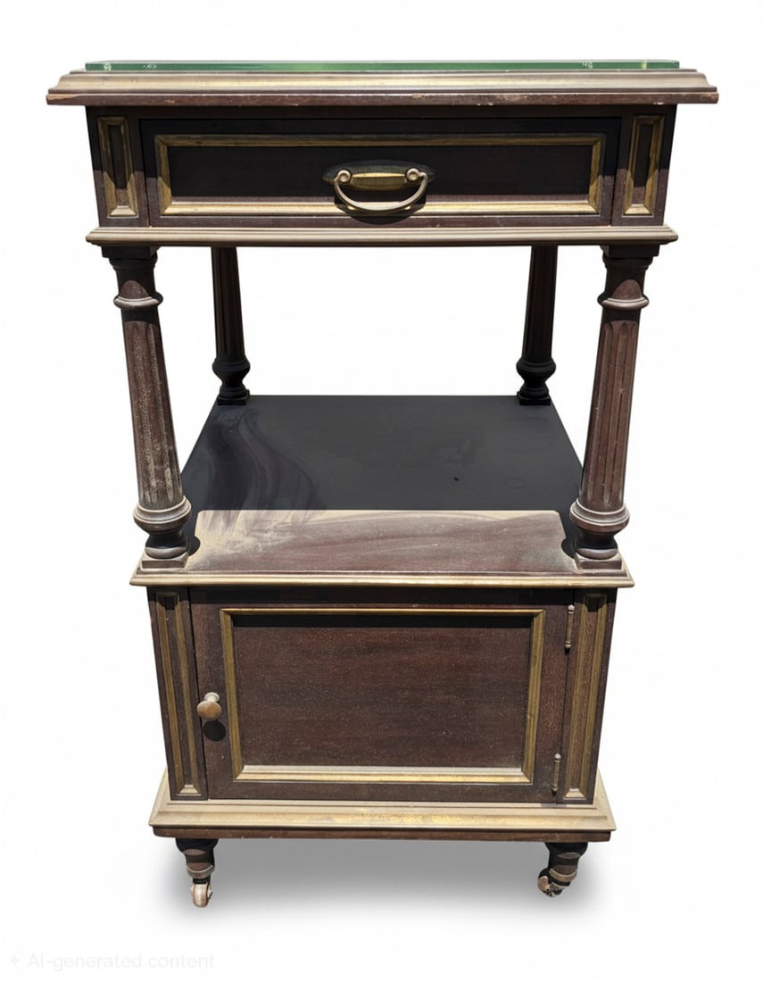 Petite Neoclassical Style Bedside Table with Glass Top: A petite Neoclassical style bedside or accent table, likely from the mid-20th century, crafted from dark-stained wood with gilt accents. It features a removable glass top, a single drawer with a brass