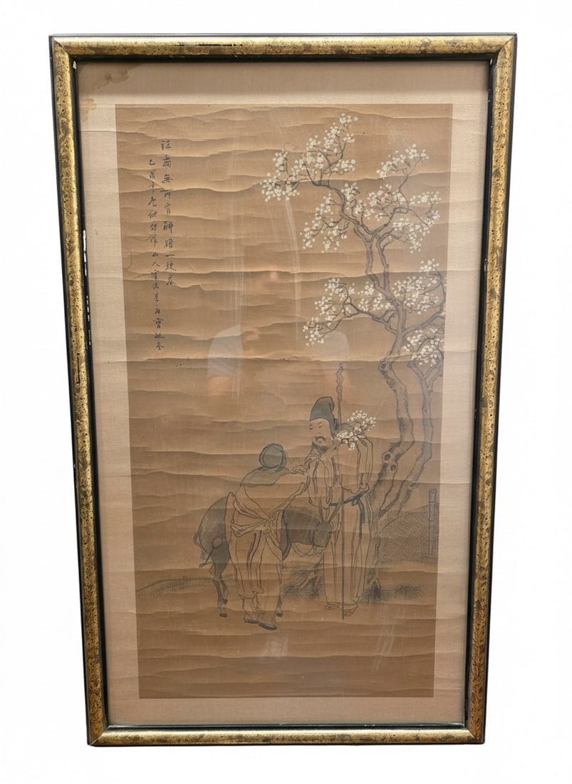 Framed Chinese Watercolor Painting of Figures with Cherry Blossoms: A framed traditional Chinese watercolor painting depicting two figures and a donkey beneath a cherry blossom tree, with calligraphy on the left side. The painting is executed on a light brown paper