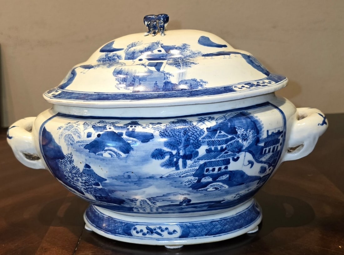 Antique Blue and White Porcelain Lidded Tureen with Landscape Motif - 2