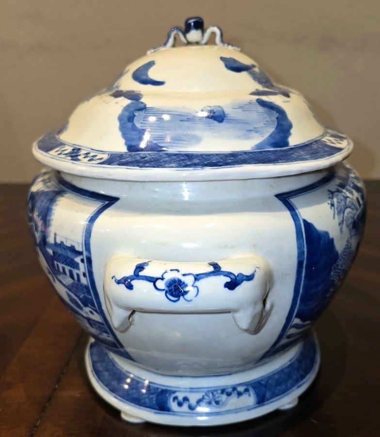 Antique Blue and White Porcelain Lidded Tureen with Landscape Motif - 3