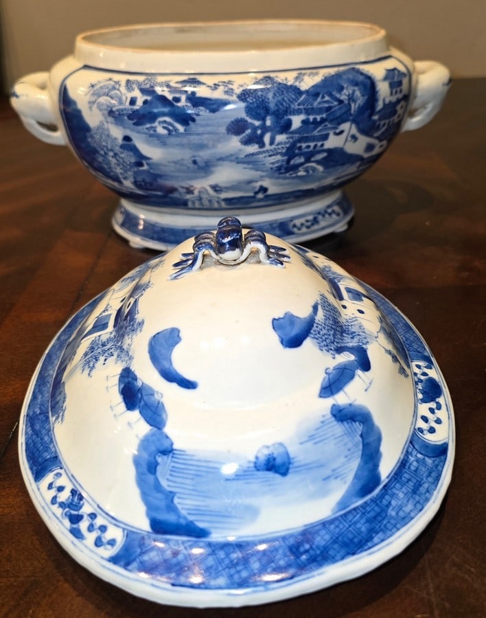 Antique Blue and White Porcelain Lidded Tureen with Landscape Motif - 4