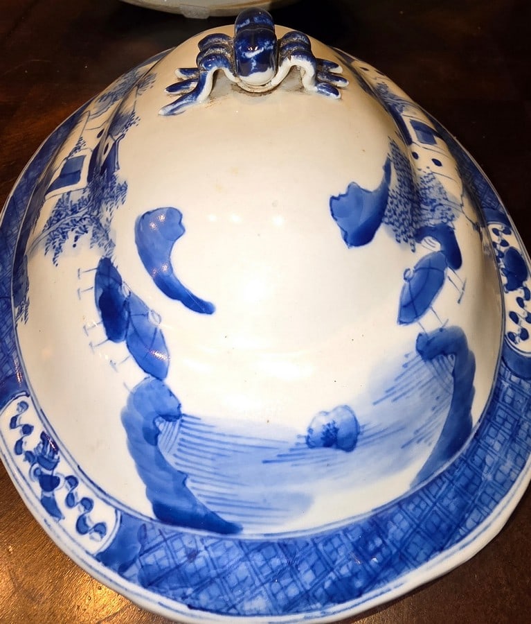Antique Blue and White Porcelain Lidded Tureen with Landscape Motif - 6