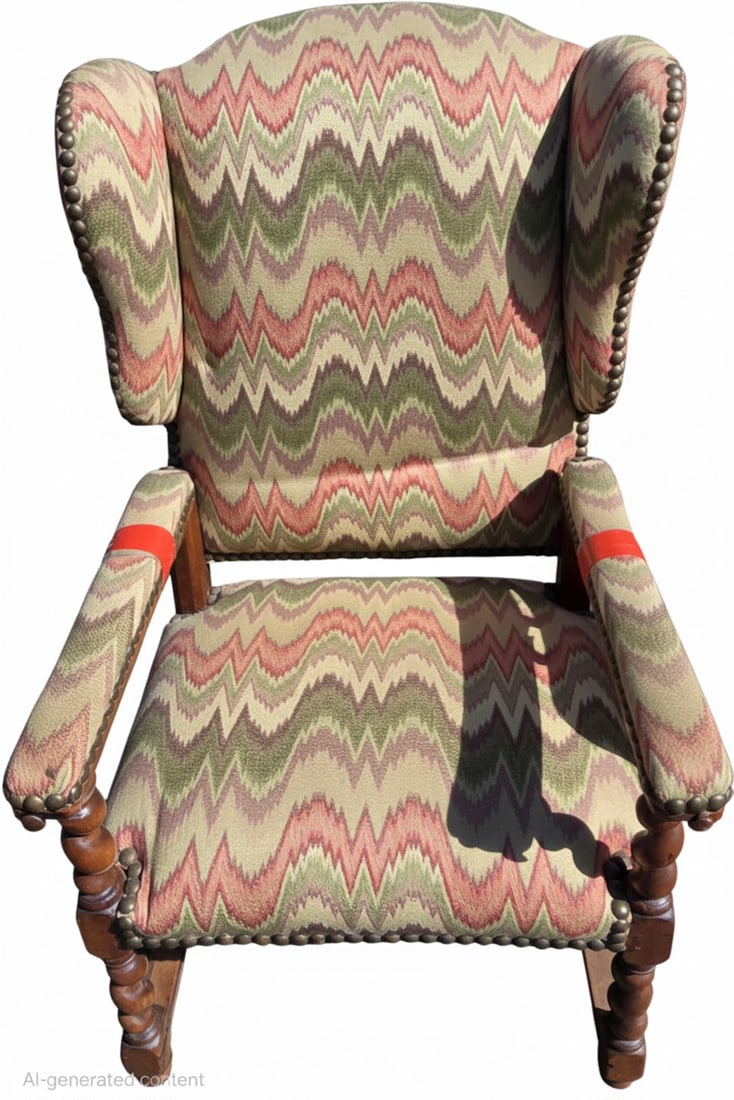 Recliner Armchair with Cast Iron Hardware: This vintage armchair features a warm-toned wooden frame with intricately turned legs and arms. The upholstery is a vibrant zig-zag pattern in shades of green, red, and beige, accented with