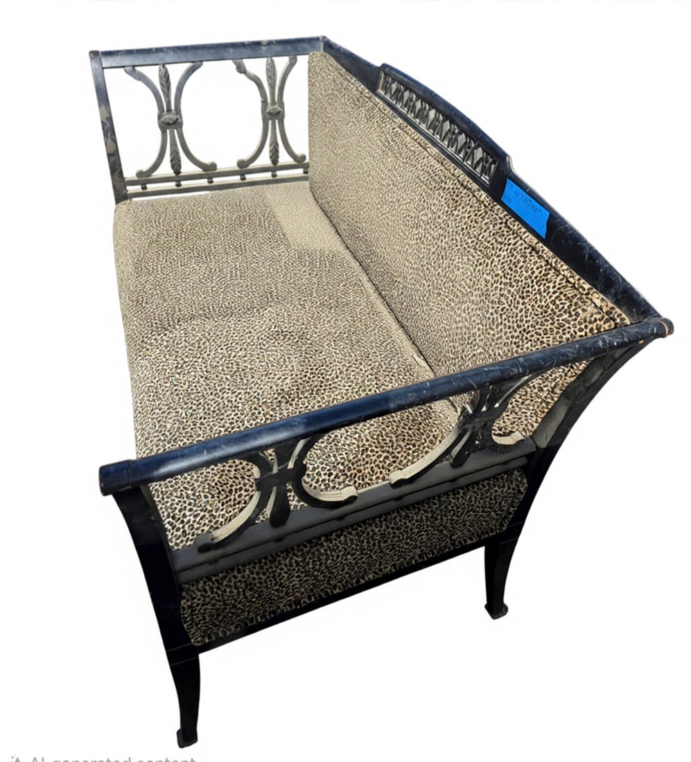 Hollywood Regency Style Wood Black Lacquered Bench with Leopard Print Upholstery: This Hollywood Regency style settee features a black wood lacquered frame with ornate scrollwork details. The seat and backrest are upholstered in a chic leopard print fabric, offering a striking cont
