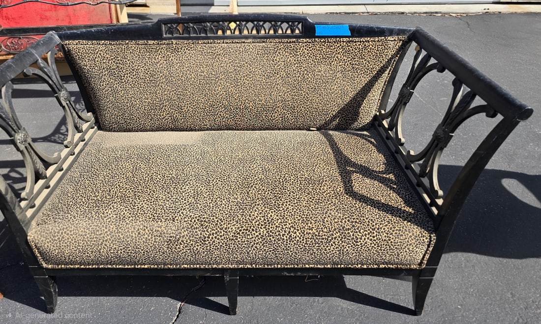 Hollywood Regency Style Wood Black Lacquered Bench with Leopard Print Upholstery - 3