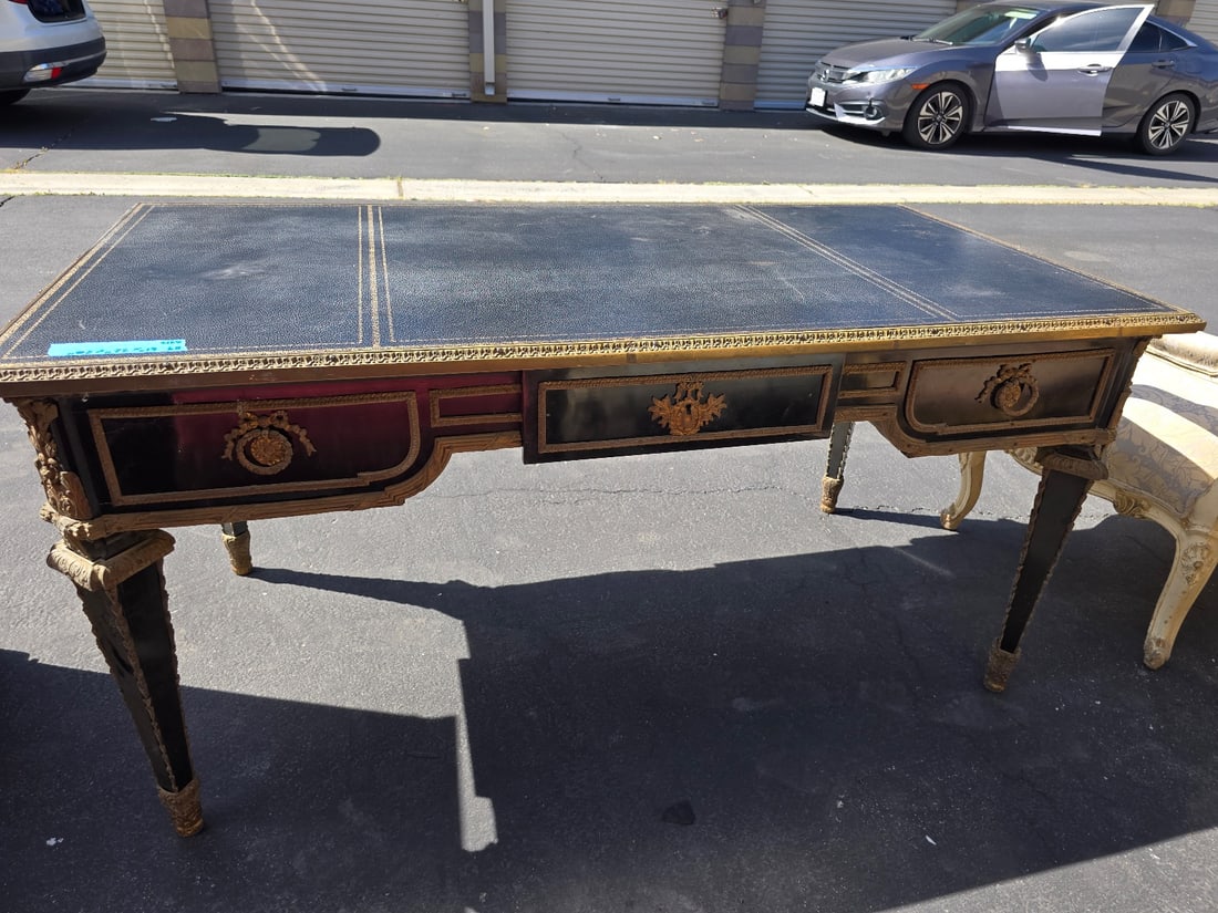 Vintage French Empire Style Inlaid Desk with Tooled Leather Top - 2
