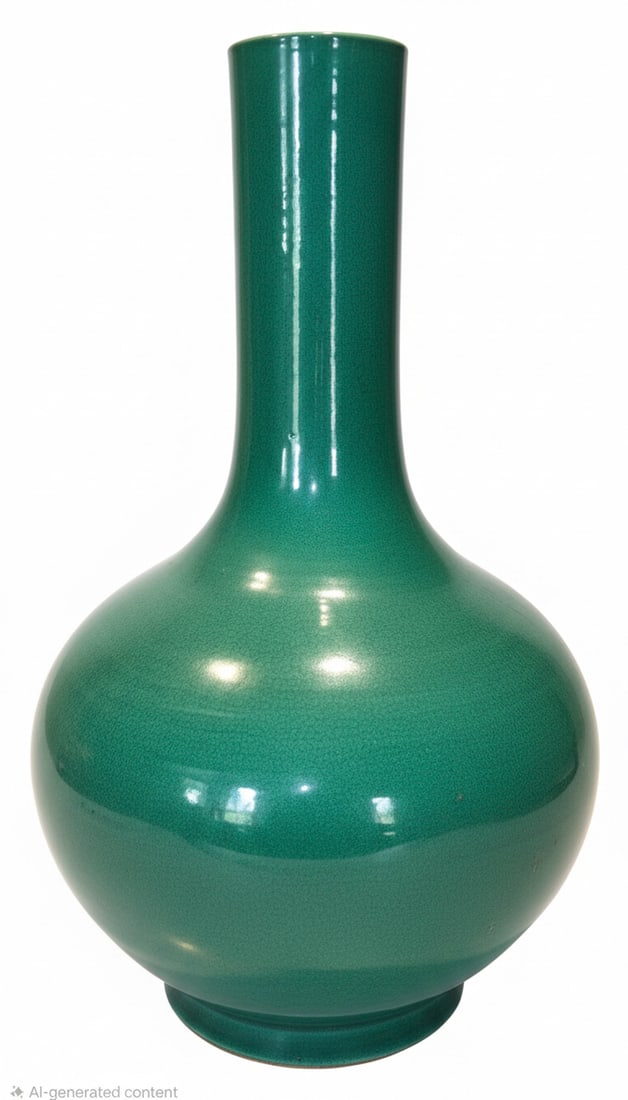 Chinese Emerald Green Glazed Baluster Vase: This baluster-shaped vase features an overall emerald green glaze with a finely crackled surface, terminating above the unglazed foot rim. The interior is glazed white. The form is classic Chinese, of