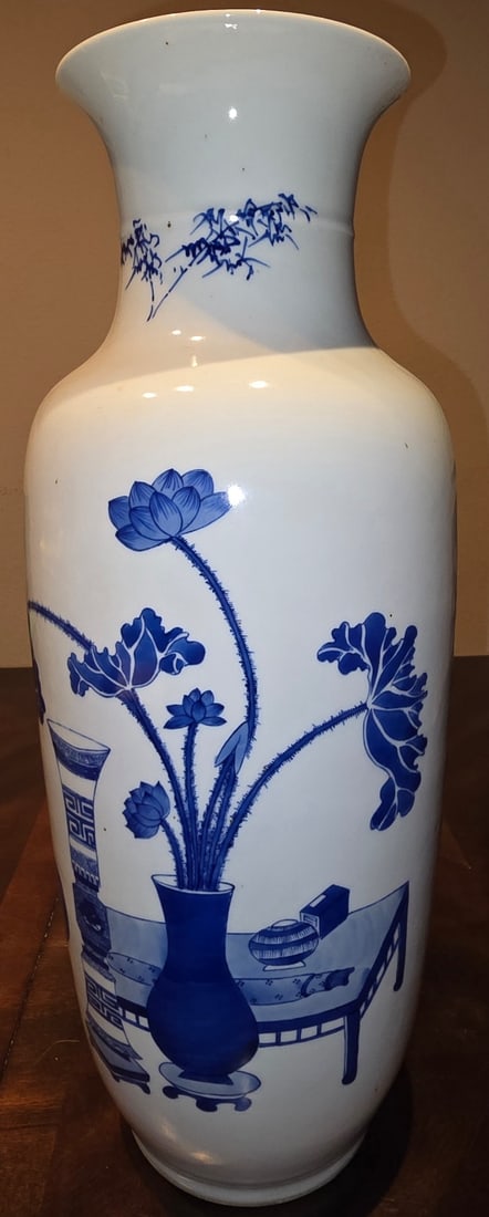 Large Chinese Blue and White Porcelain Vase with Lotus and Scholars' Objects - 2