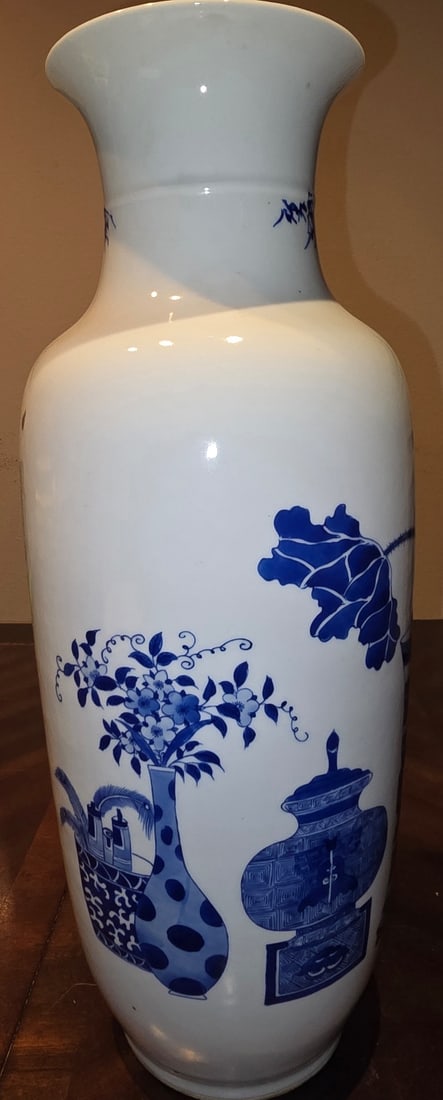 Large Chinese Blue and White Porcelain Vase with Lotus and Scholars' Objects - 4