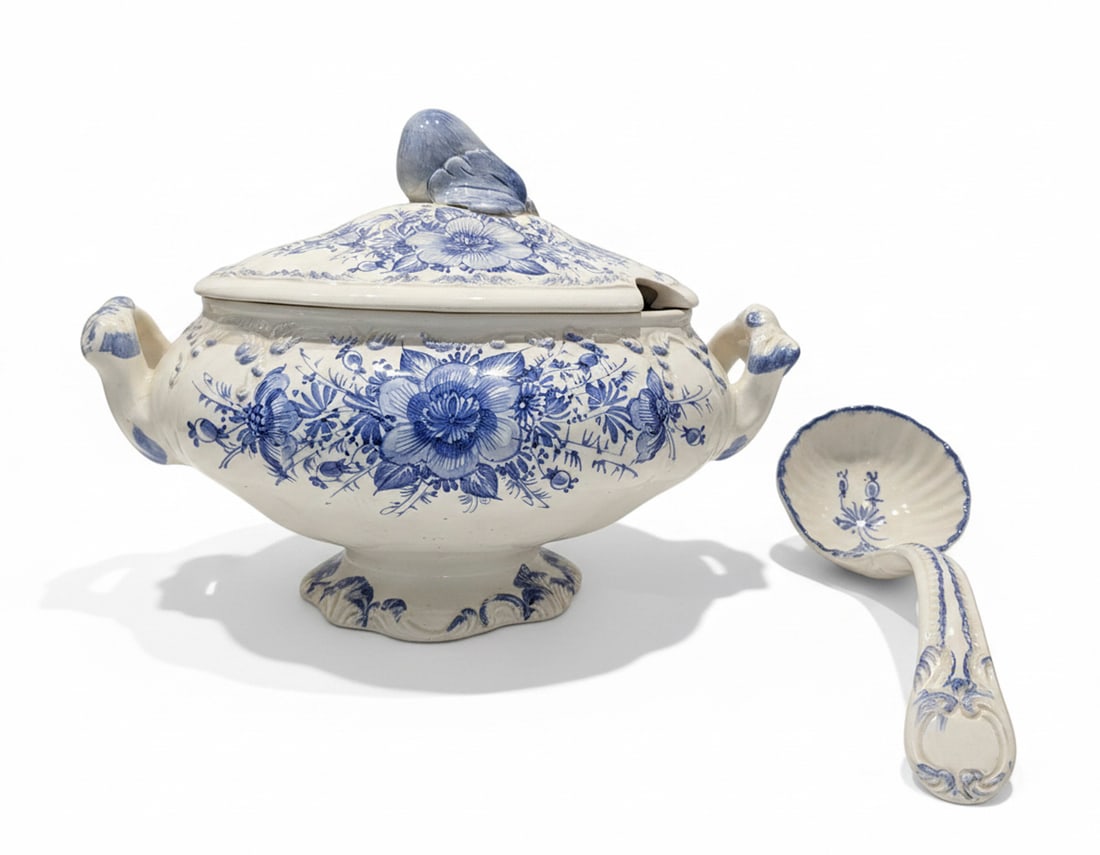 Delft Polychrome Chinoiserie Ceramic Tureen with Ladle: A large ceramic tureen with lid and matching ladle, featuring traditional Delft polychrome decoration in shades of blue on a white ground. The decoration includes floral motifs and what appears to be