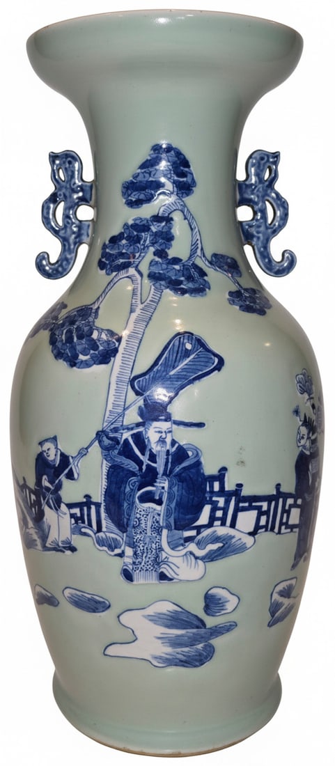 Large Chinese Blue and White Porcelain Vase with Figural Decoration: This large Chinese porcelain vase features a pale celadon glaze with intricate blue and white underglaze decoration. The body is adorned with continuous figural scenes depicting scholars or immortals 