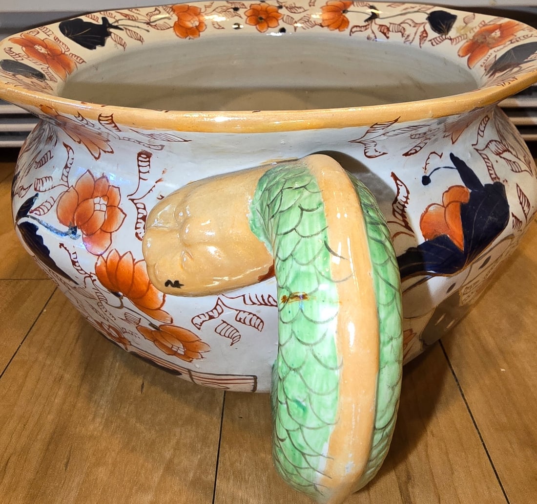Ironstone China Floral Chamber Pot with Serpent Handle - 2