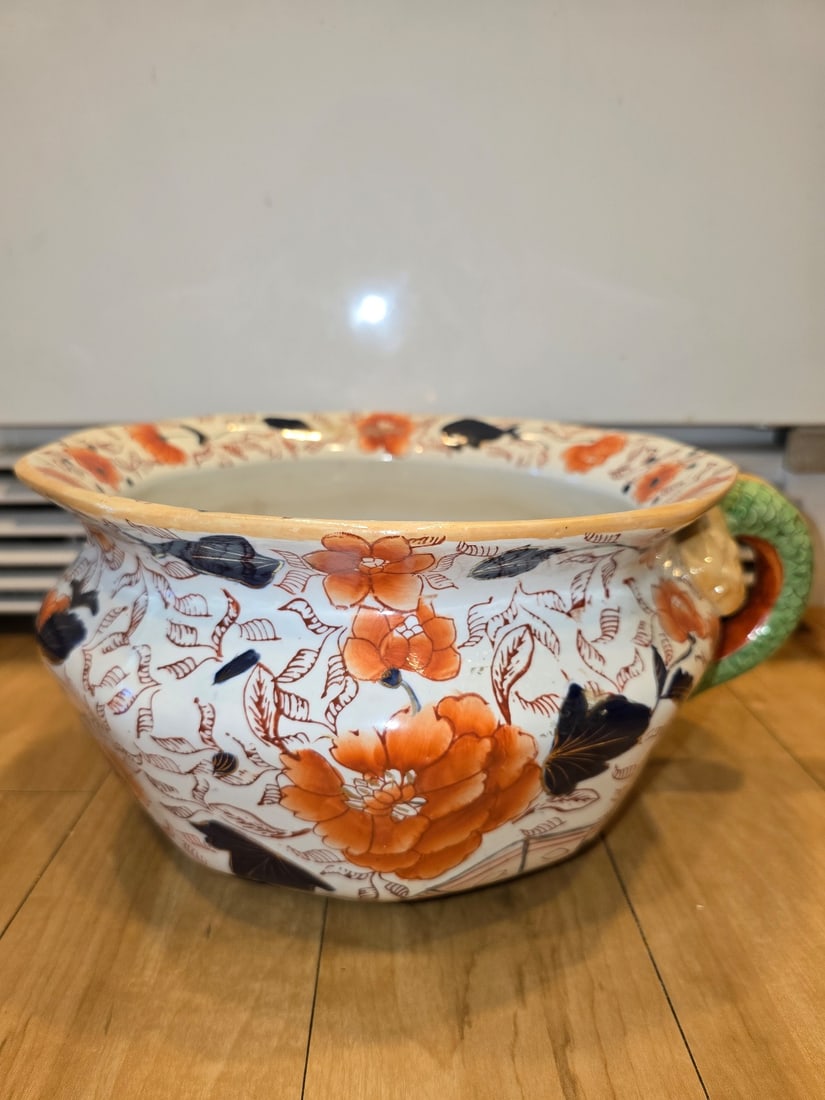 Ironstone China Floral Chamber Pot with Serpent Handle - 4