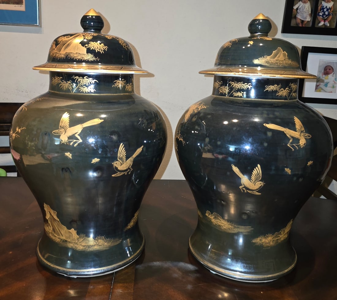 Pair of Monumental Chinoiserie Black and Gilt Ginger Jars - 2