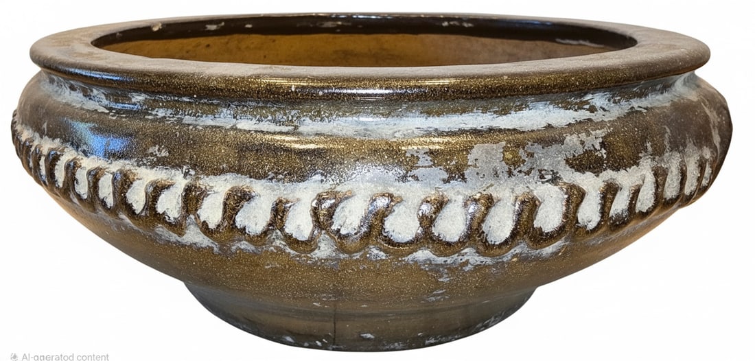 Large Glazed Ceramic Planter with Wavy Relief Band: This is a large, heavy, glazed ceramic planter, possibly for indoor or outdoor use. The planter features a wide, rounded form with a distinct wavy relief band around its circumference, which is highli