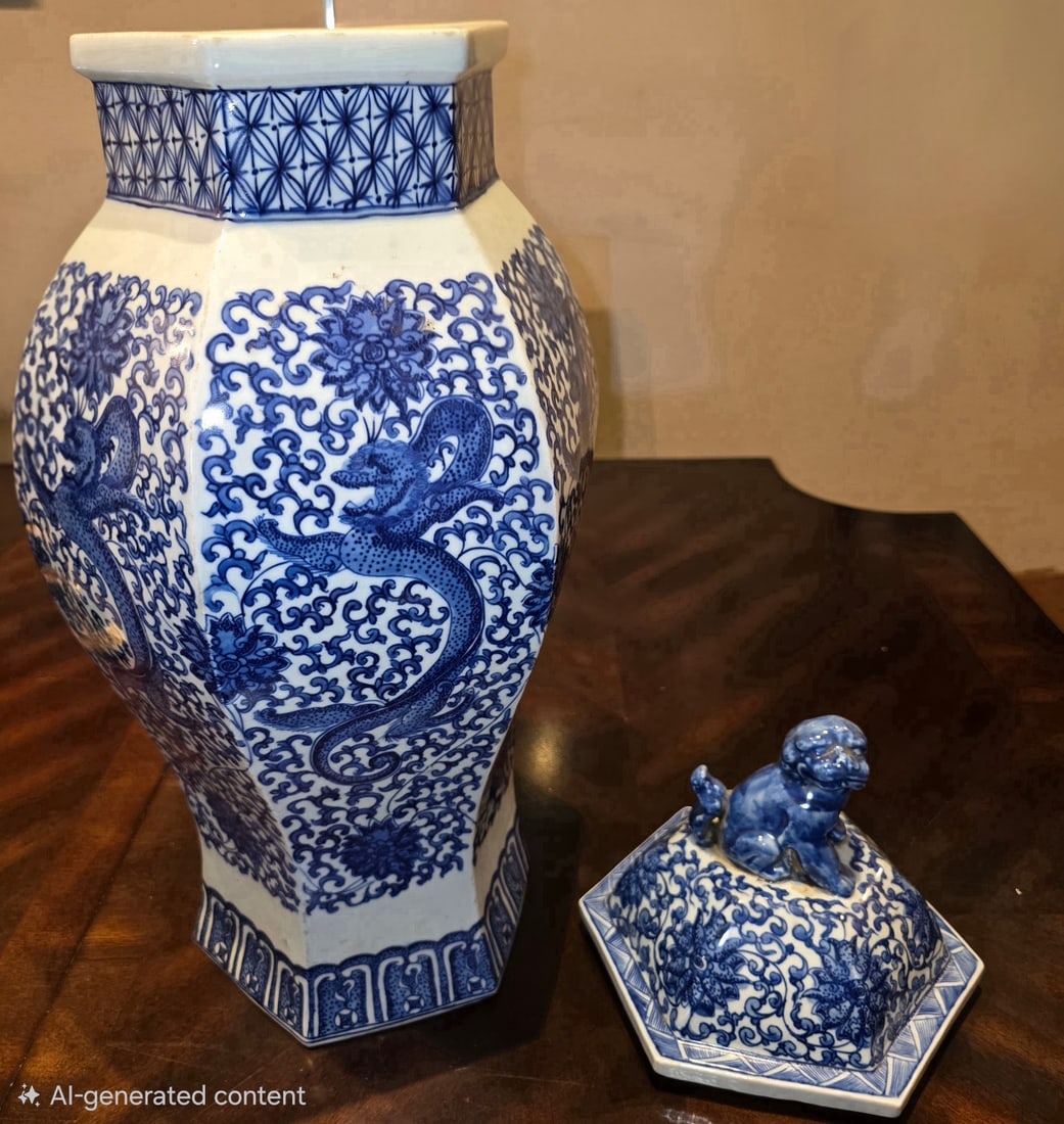 Large Hexagonal Blue and White Porcelain Dragon Motif Jar with Foo Dog Finial - 2