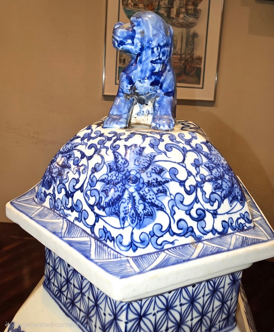Large Hexagonal Blue and White Porcelain Dragon Motif Jar with Foo Dog Finial - 3
