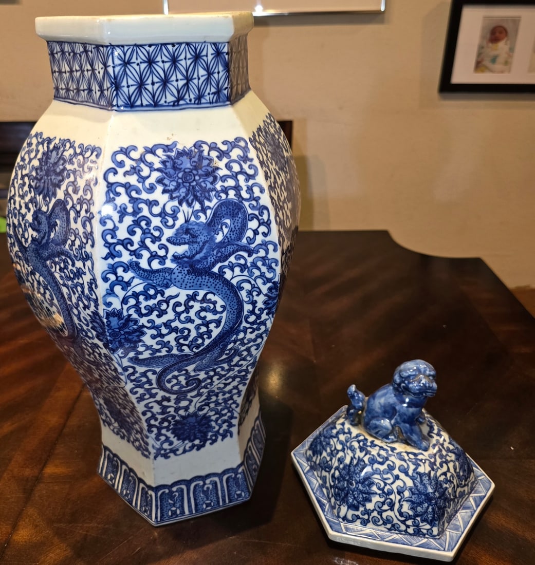 Large Hexagonal Blue and White Porcelain Dragon Motif Jar with Foo Dog Finial - 4