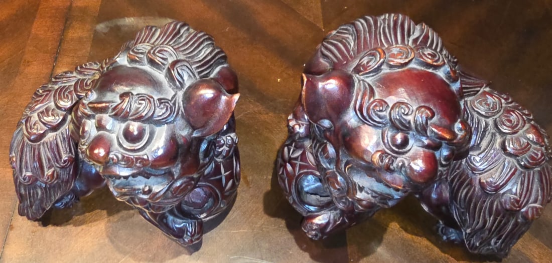 Pair of Carved Wooden Foo Dog Bookends - 2